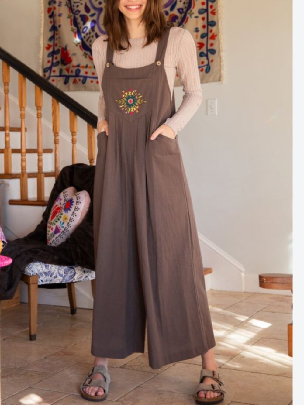 Natural Life Carrington Jumpsuit Embroidered Overalls Wide Leg Mushroom Medium